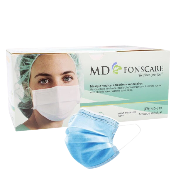 Masque chirurgical type IIR Bleu ( boite de 50) (BFE>98%) EN14683:2019