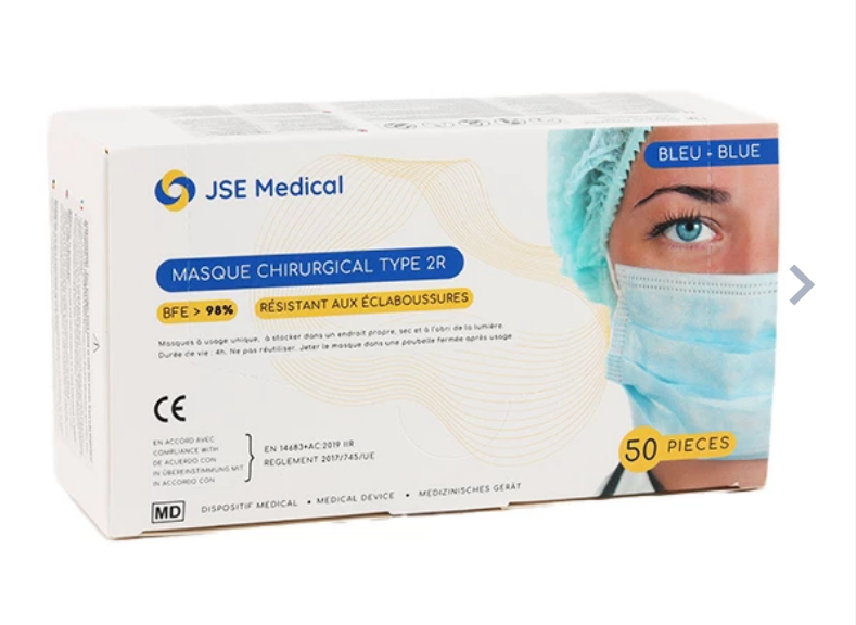 Masque chirurgical type IIR Bleu ( boite de 50) (BFE>98%) EN14683:2019