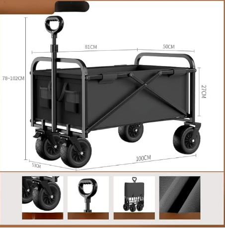 Chariot de Transport pliable à roulettes Tout Terrain Poignée Réglable Charrette pour Extérieur Solide (Noir)