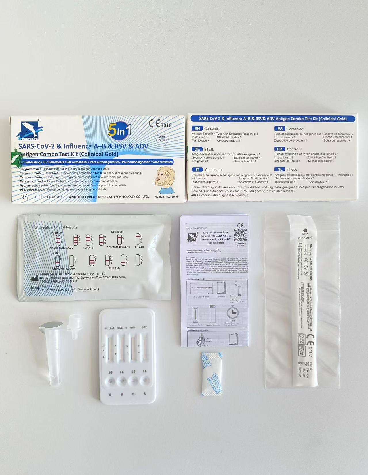 Autotest 5-en-1 COVID-19, grippe A/B, RSV, adénovirus